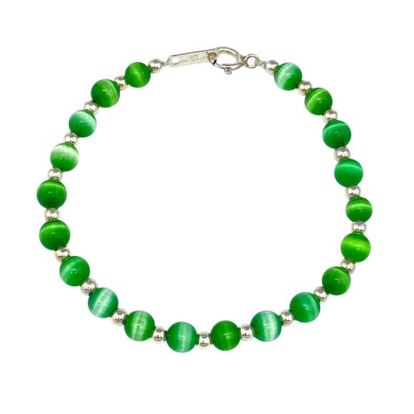 Green Cat's Eye Beaded Bracelet | Sterling Silver 925 | 6.75" - Picture 1 of 4
